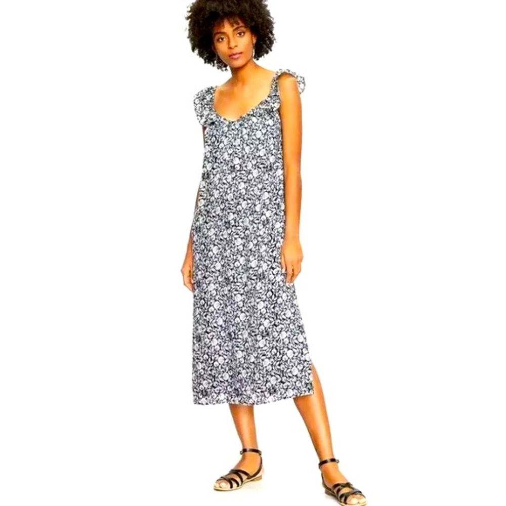Loft Palm Flutter Strap Pocket Midi Dress Size Large Black & White